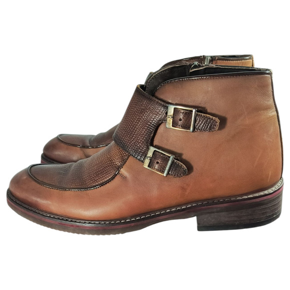 Bayer Double Monk Strap Leather Boot Shoes Men's 40/ US 7 Brown Side Zip Buckle - Picture 5 of 11